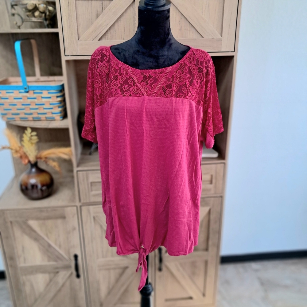 Lane Bryant Fushia Pink Blouse Lace Detail Knot Tie Bottom Short Sleeve Fairy